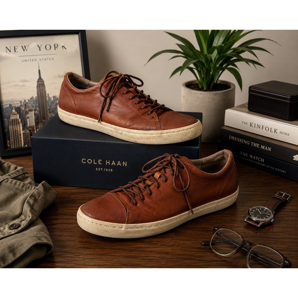 Cole Haan Men's Leather Low Top Sneakers Cognac Brown Casual Shoes Size 11